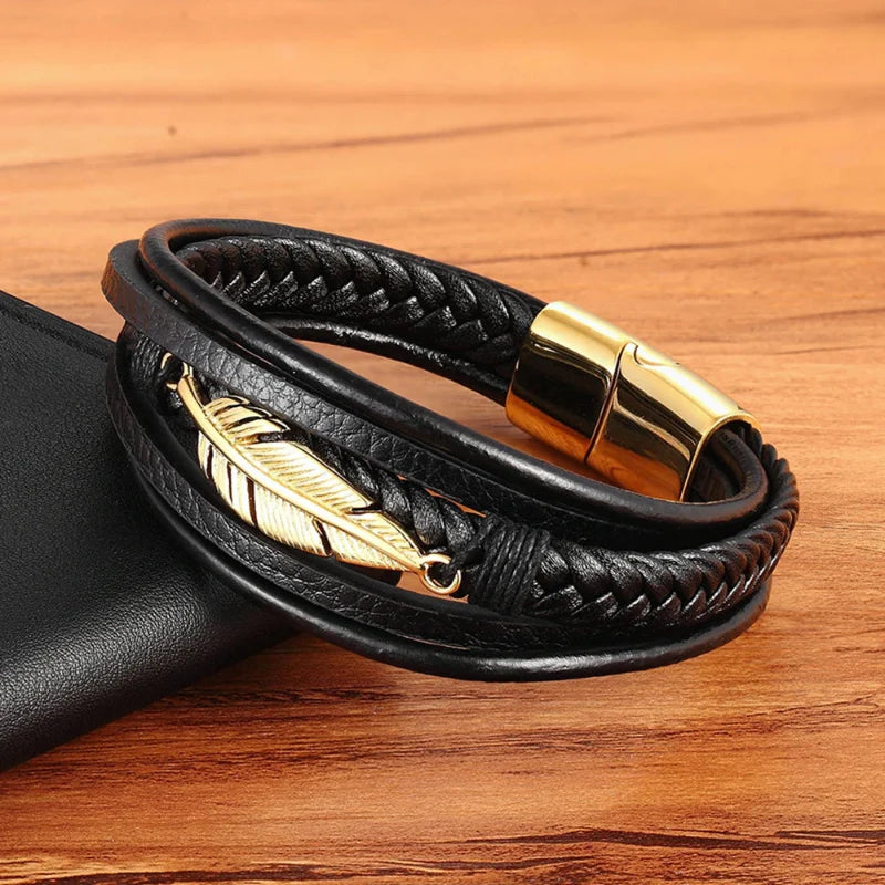 Men's Gold Feather Leather Bracelet
