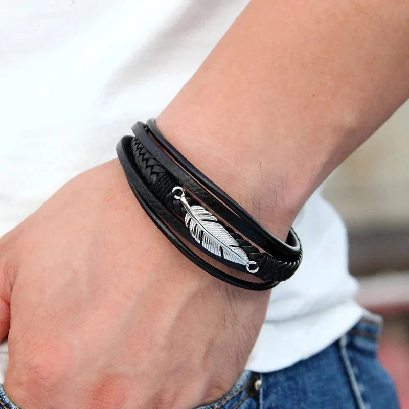 Men's Silver Feather Leather Bracelet