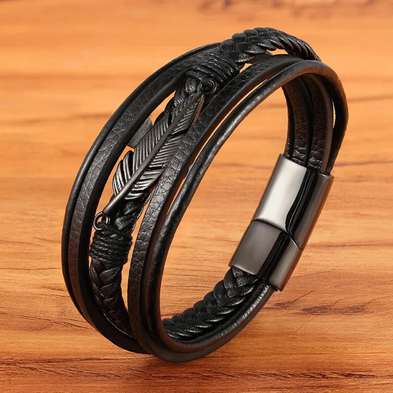 Men's Black Feather Leather Bracelet