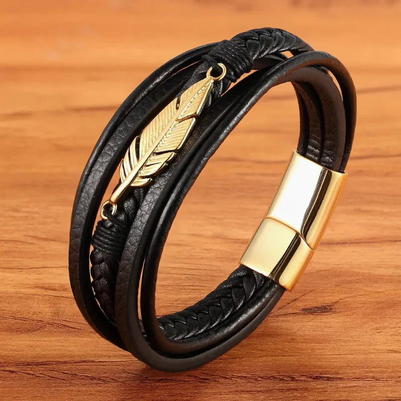 Men's Gold Feather Leather Bracelet
