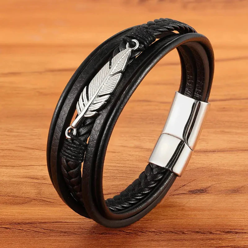 Men's Silver Feather Leather Bracelet