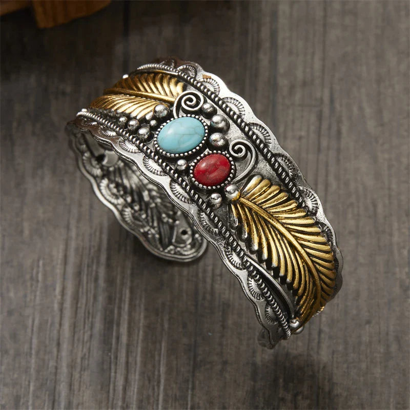 Vintage Ethnic Bracelet with Gold and Silver Stones and Feathers