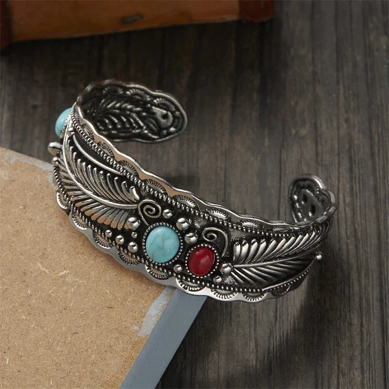 Vintage Ethnic Bracelet with Silver Stones and Feathers