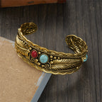 Vintage Ethnic Bracelet with Gold Stones and Feathers