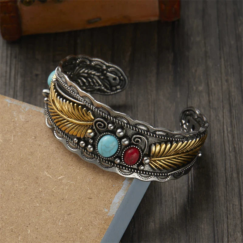 Vintage Ethnic Bracelet with Gold and Silver Stones and Feathers