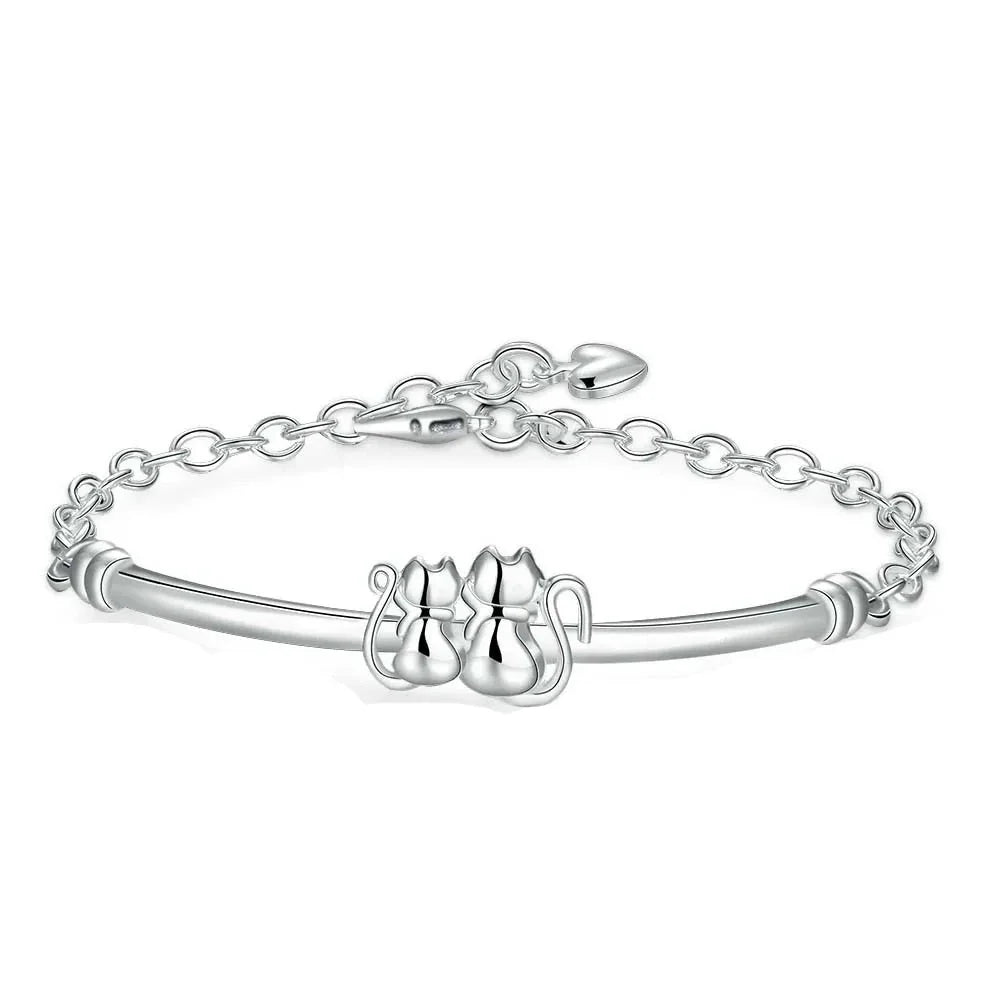 Double Cat Silver ID Bracelet