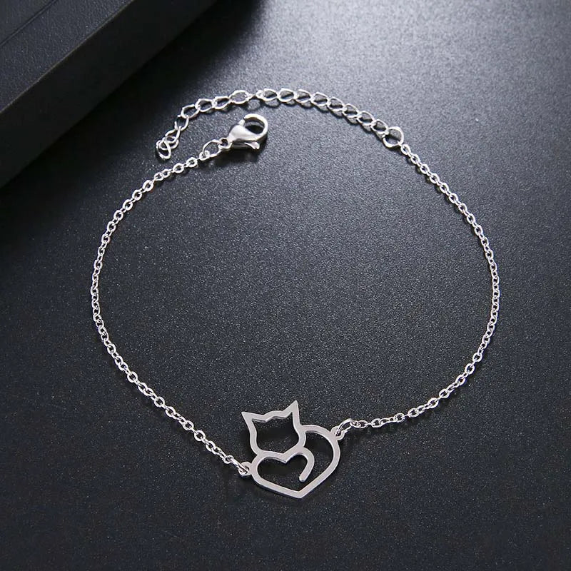 Heart Cat ID Bracelet Silver