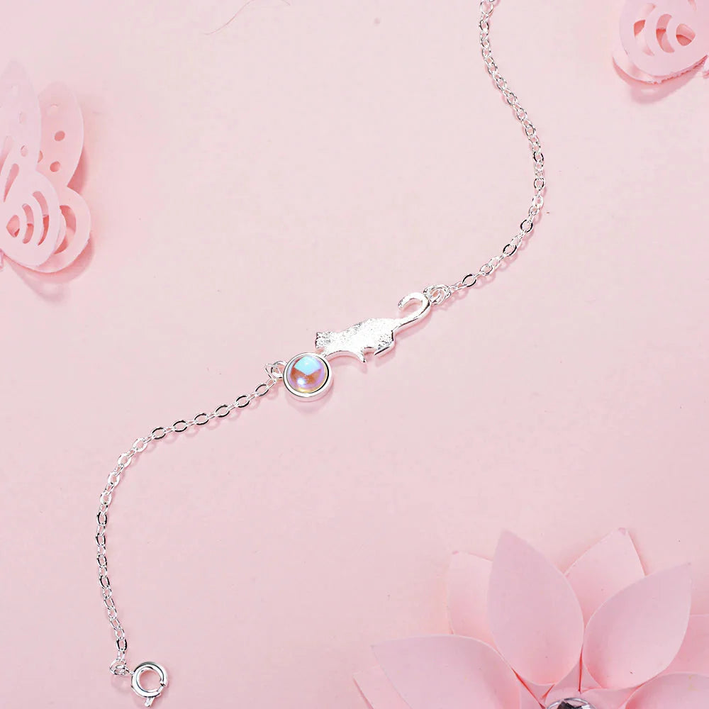Silver Playing Cat ID Bracelet
