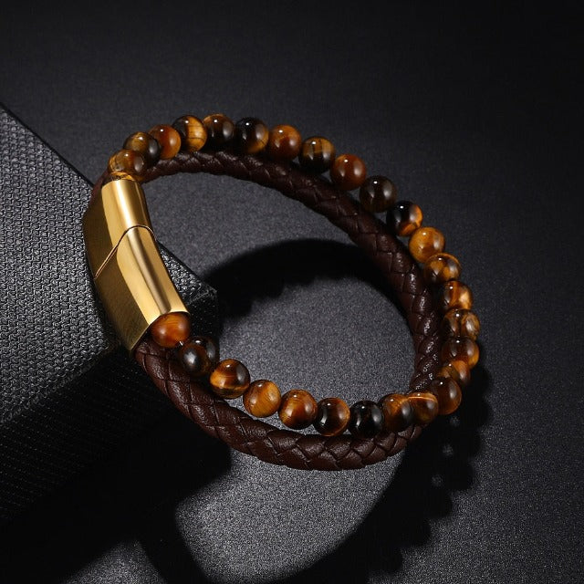 Pulsera de Identificación con Piedra Ojo de Tigre en oro