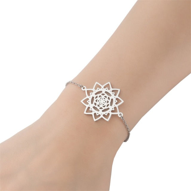Dawapara Women's Mandala Flower of Life Chain Bracelet Silver