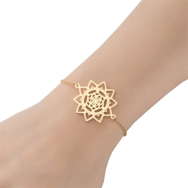 Dawapara Women's Mandala Flower of Life Chain Bracelet Gold