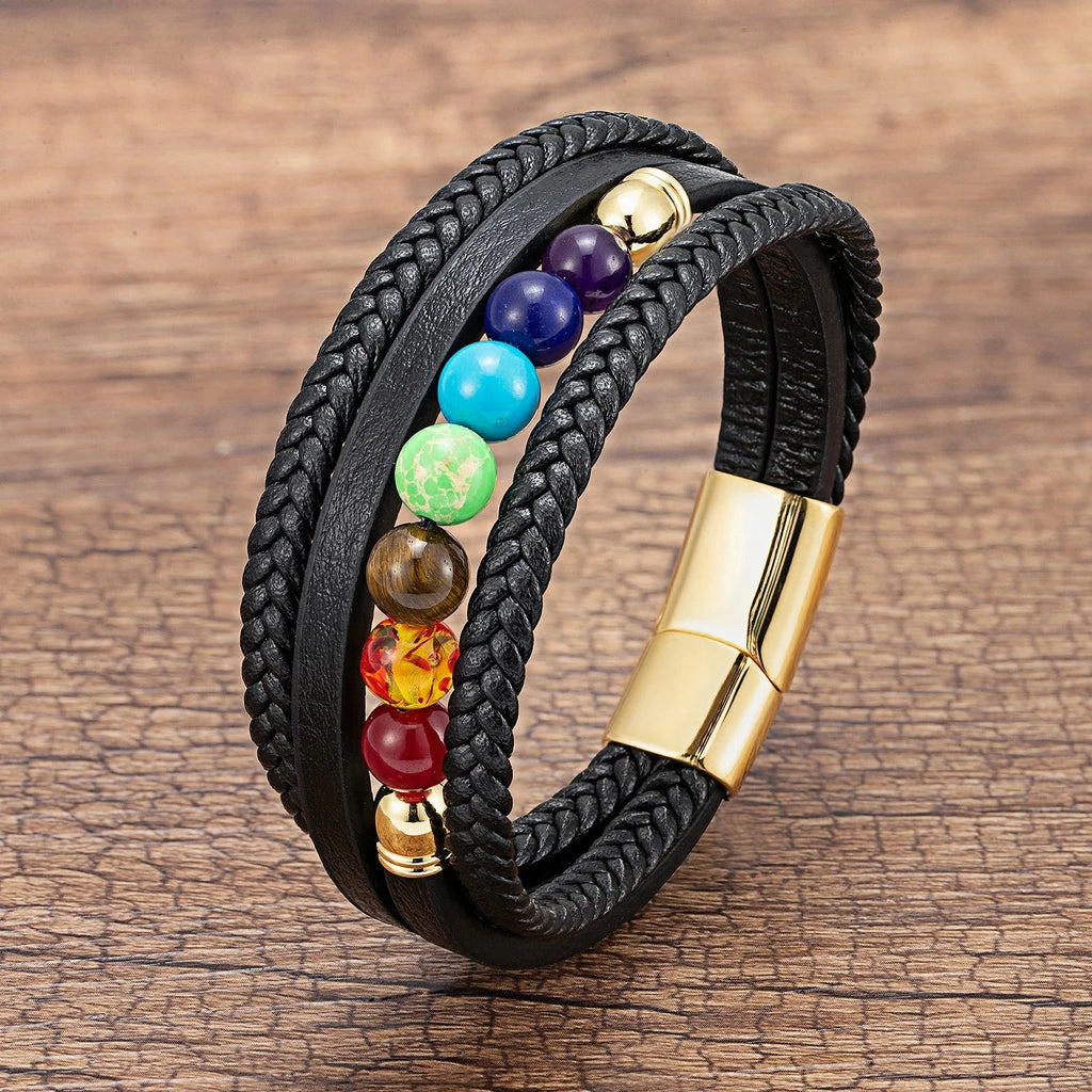 Men's Leather Bracelet 7 Chakras Gold