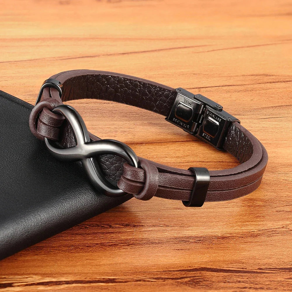Brown and Black Leather Infinity Bracelet