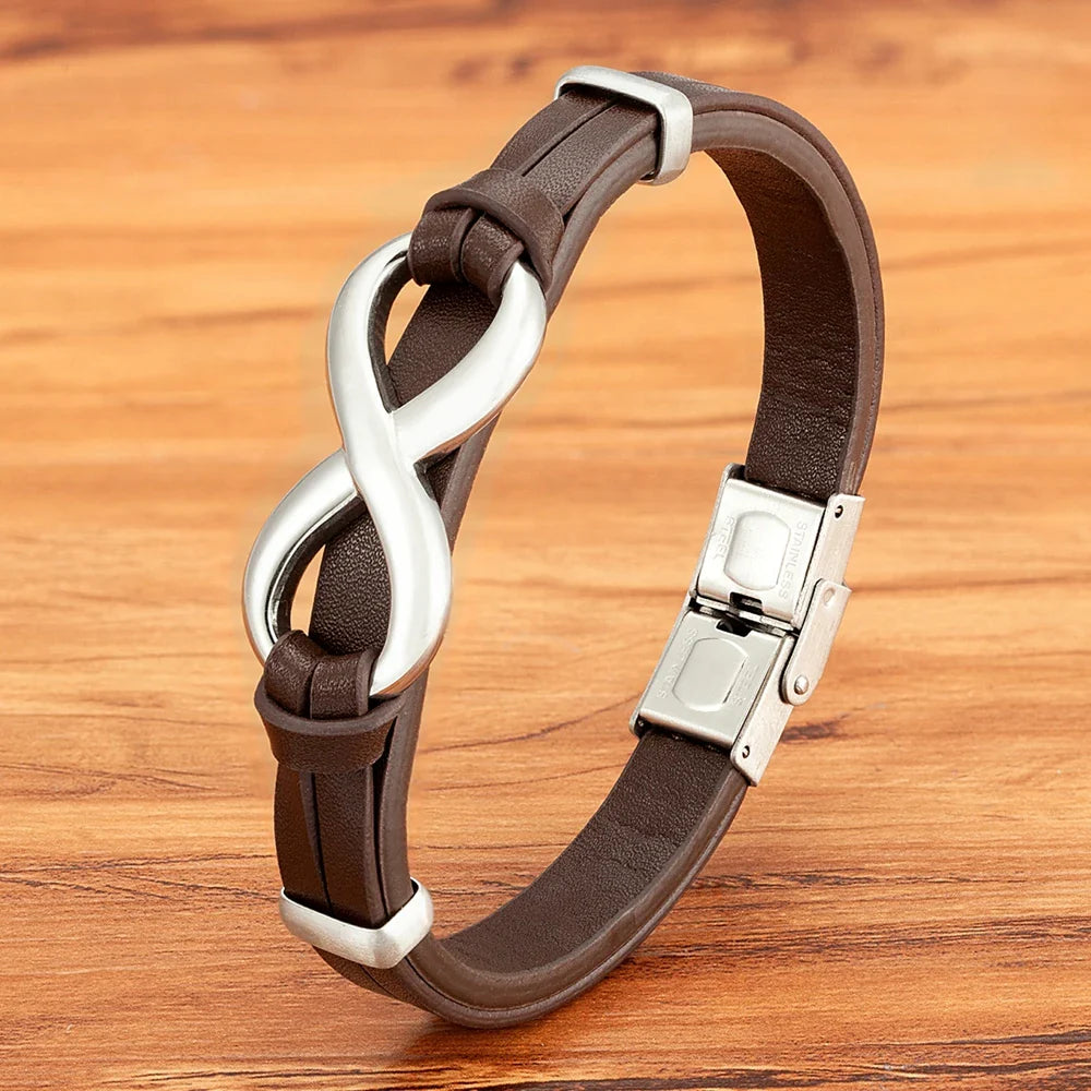 Brown and Silver Leather Infinity Bracelet