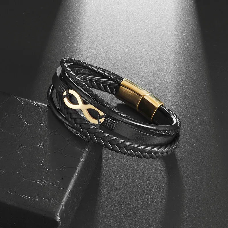 Black Leather Infinity Bracelet with Black and Gold