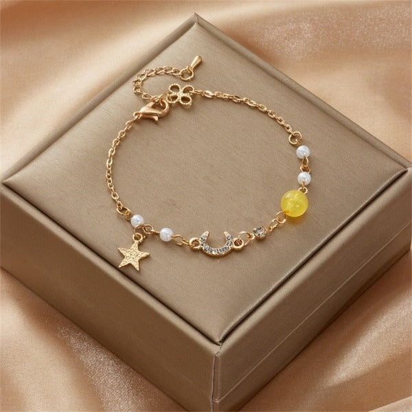 Moon and Star Women's Bracelet Yellow Stars Chain