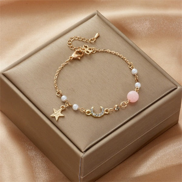 Moon and Star Women's Bracelet Pink Stars Chain