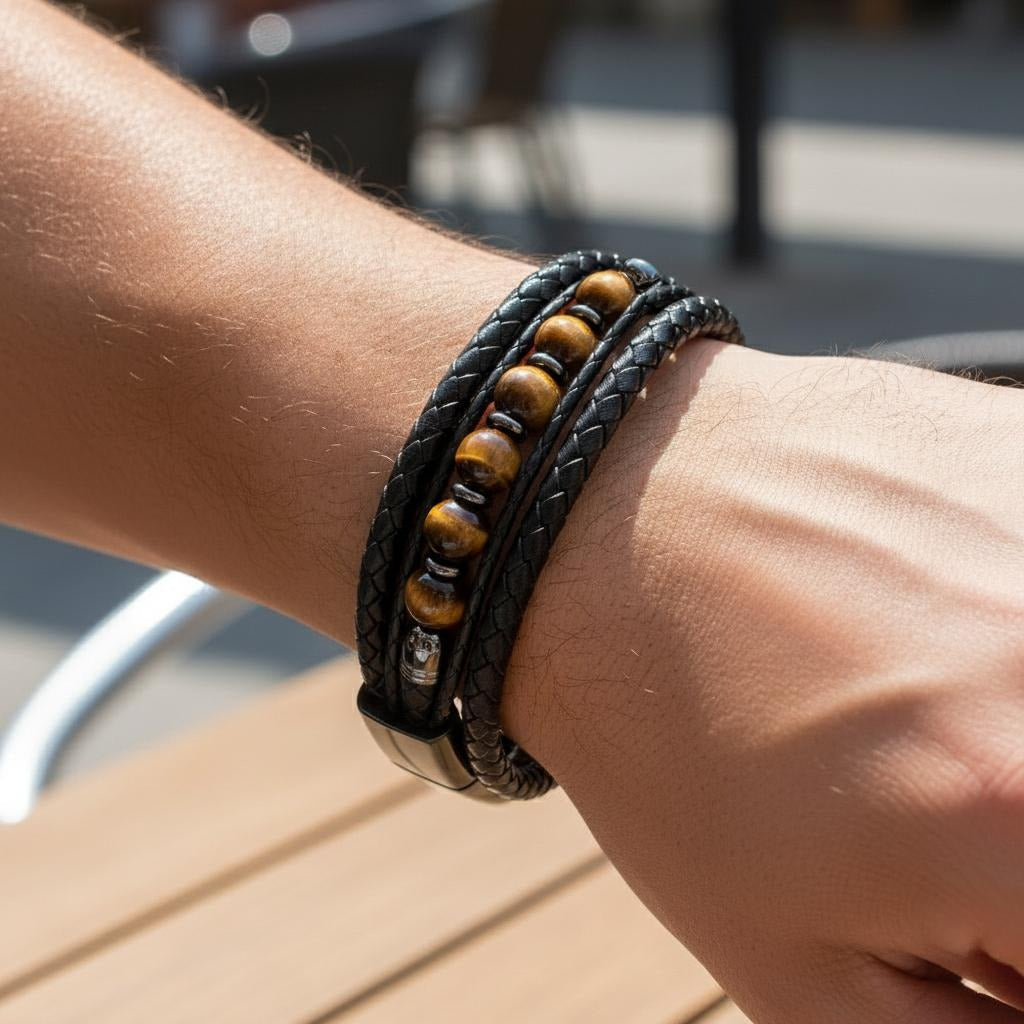 Bracelet Pierre Oeil de Tigre Cuir