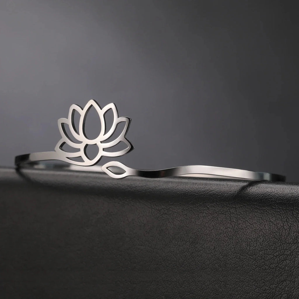 Women's Lotus Flower Silver Bangle Bracelet