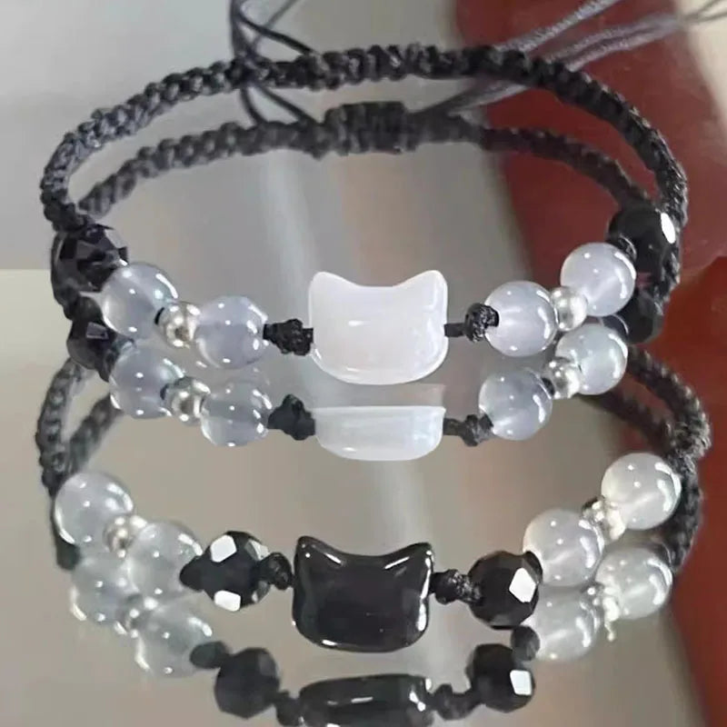 Black Moonstone Cat Braided Bracelet 1