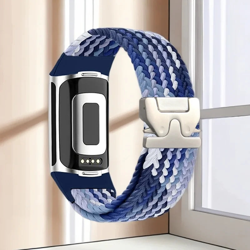 Bracelet tressé pour montre Fitbit Charge 5, Charge 6 bleu blanc