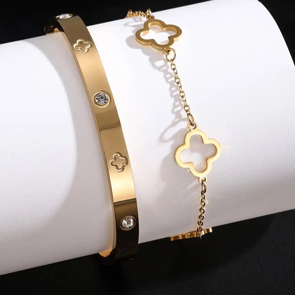 Lot de 2 Bracelets avec Trèfles à 4 Feuilles or