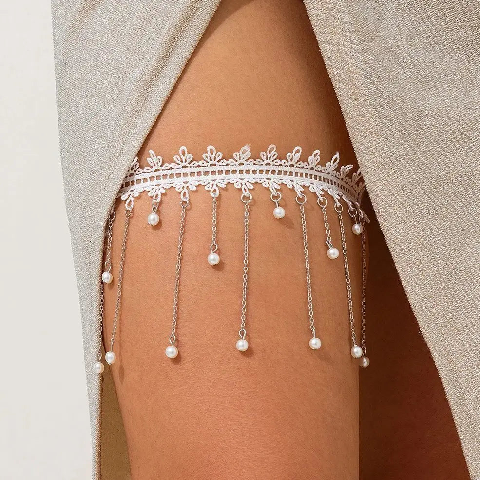 White Thigh Chain - Body Thigh Jewelry for Women Leg