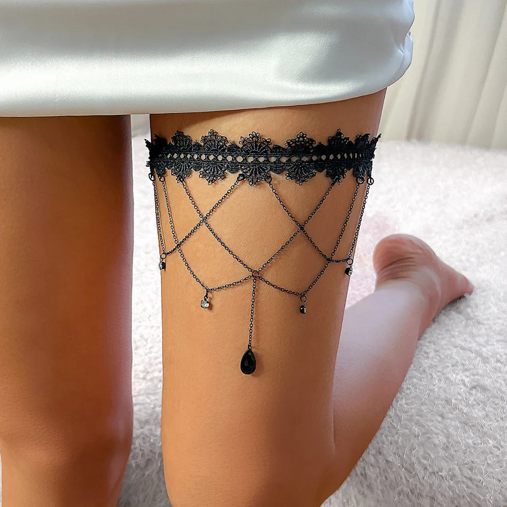 Black Thigh Chain - Body Thigh Jewelry for Women Leg