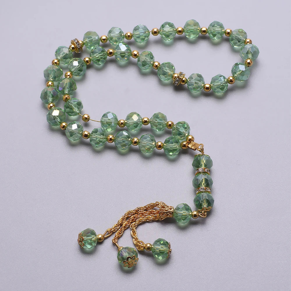 Chapelet musulman élégant - Tasbih islamique 33 perles vert jade et doré