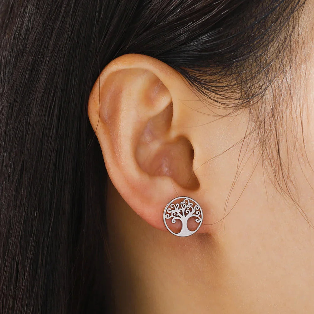Tree of Life Stud Earrings Silver Hoops