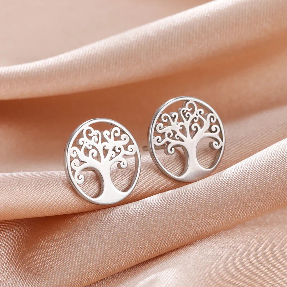 Tree of Life Stud Earrings Silver Hoops