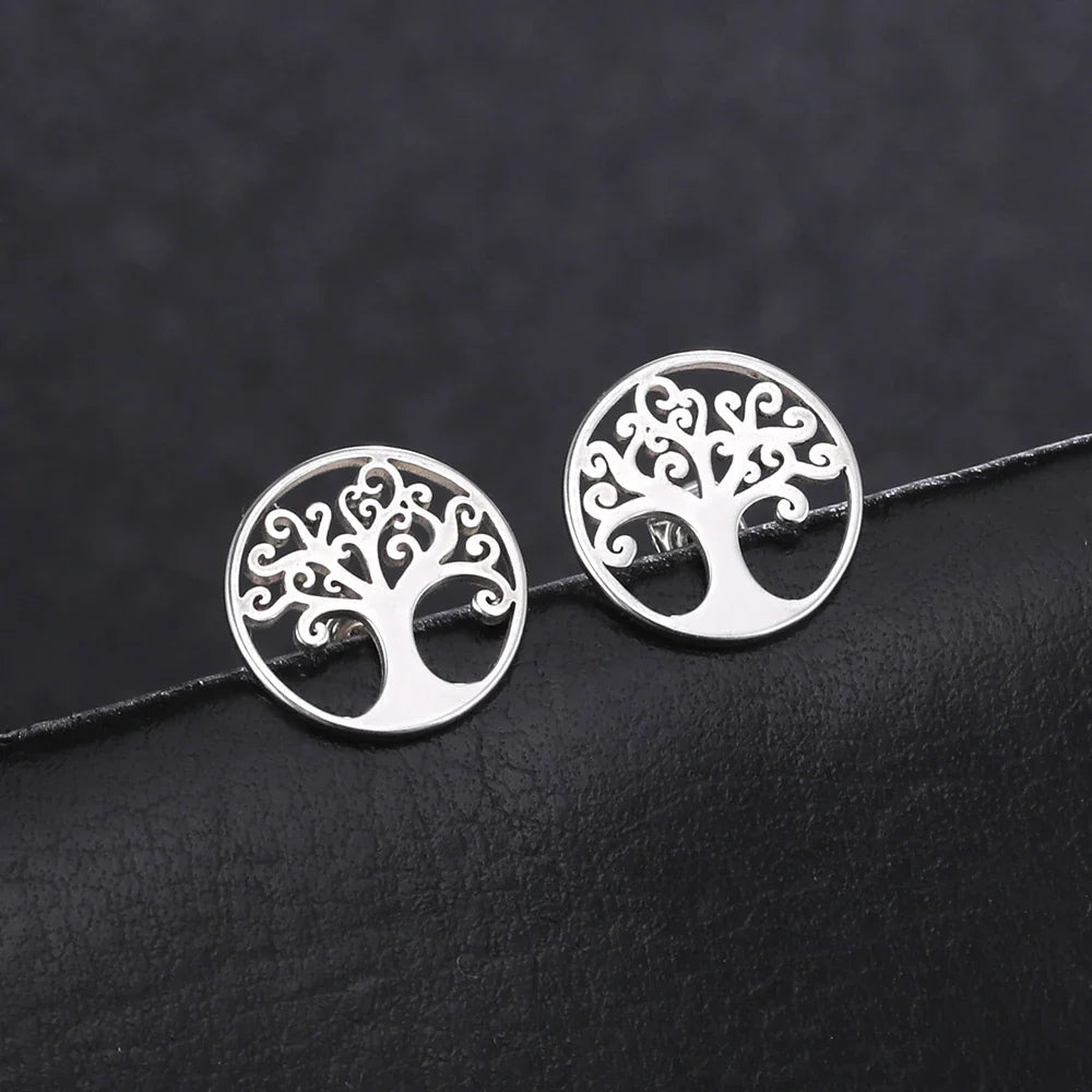 Tree of Life Stud Earrings Silver Hoops