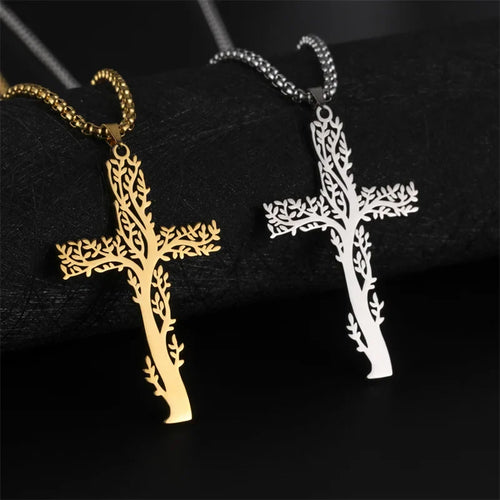 Tree of Life Pendant Necklace Cross gold silver