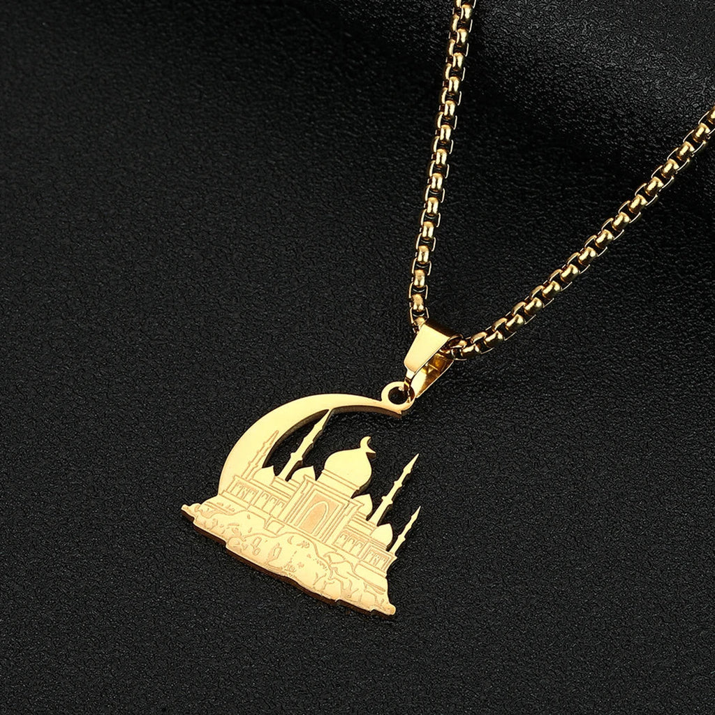 Collier avec pendentif d'une mosquée sur croissant de lune arabe islam musulman or