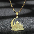 Collier avec pendentif d'une mosquée sur croissant de lune arabe islam musulman or