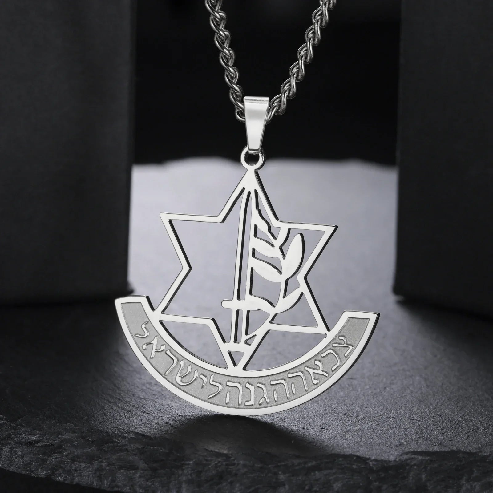 Collier avec pendentif de l'étoile de David et fleur de lis symbolique juive argent