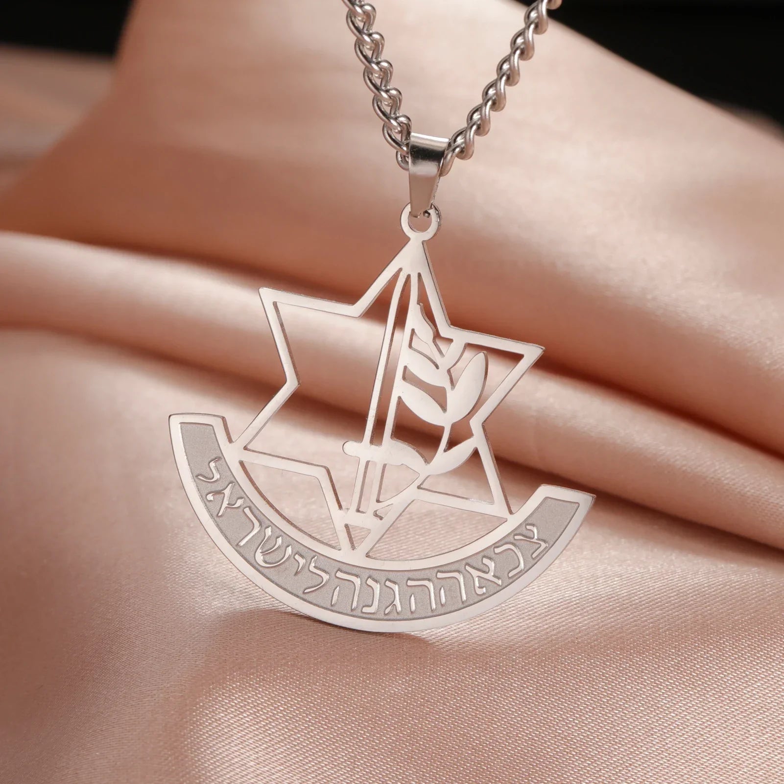 Collier avec pendentif de l'étoile de David et fleur de lis symbolique juive argent