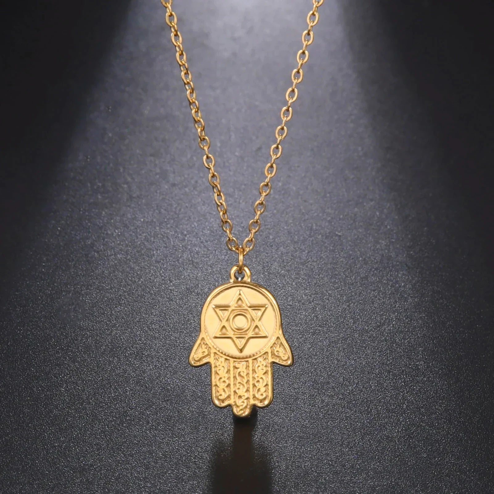 Collier avec pendentif de protection étoile de David et main de Fatma juif or