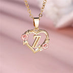Necklace with heart and flower initial letter pendant