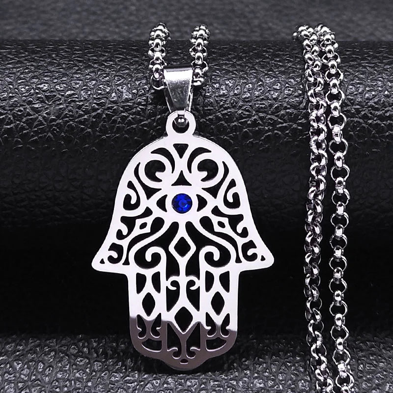 Collier avec pendentif de protection contre le mauvais œil et main de Fatma arabe musulman argent