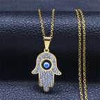 Collier long avec pendentif de protection contre le mauvais œil et main de Fatma arabe or