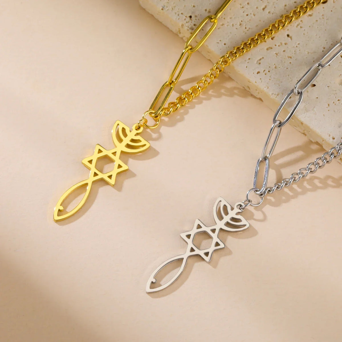 Necklace with Messianic Menorah pendant and Star of David