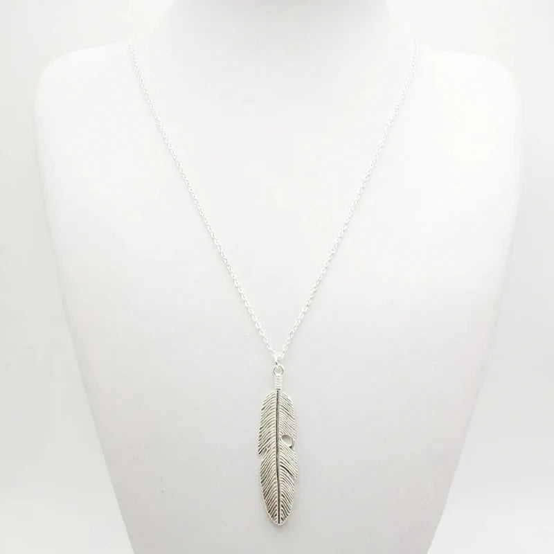 Necklace with Feather Pendant for Men or Women silver