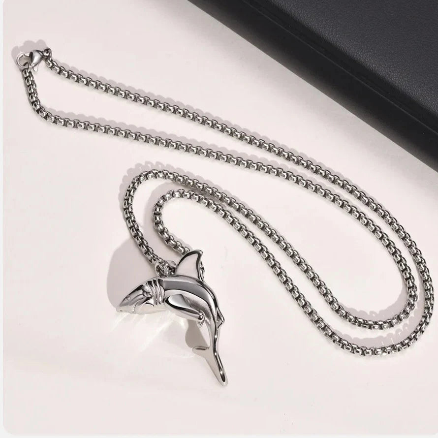 Silver Men's Shark Pendant Necklace