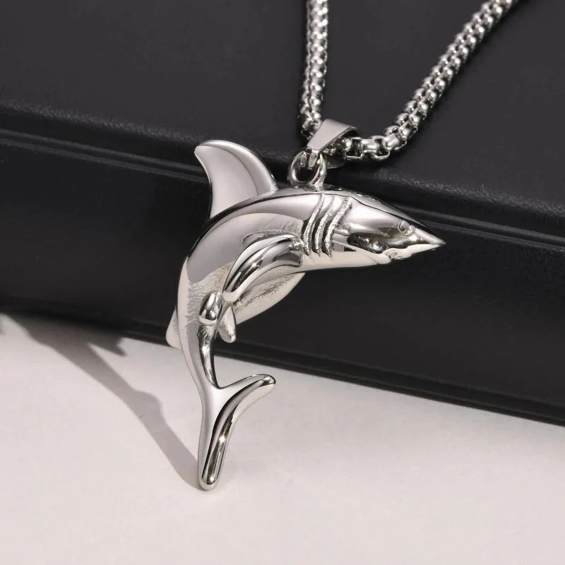 Silver Men's Shark Pendant Necklace