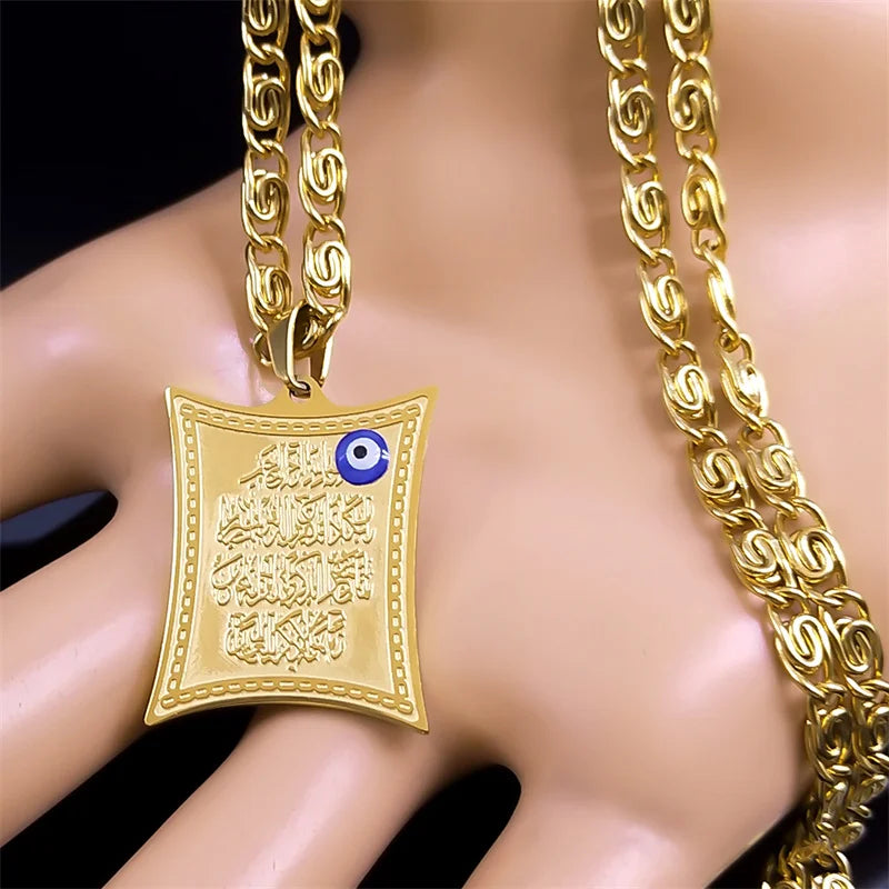 Collier long avec pendentif amulette Ayatul Kursi arabe islam musulman or