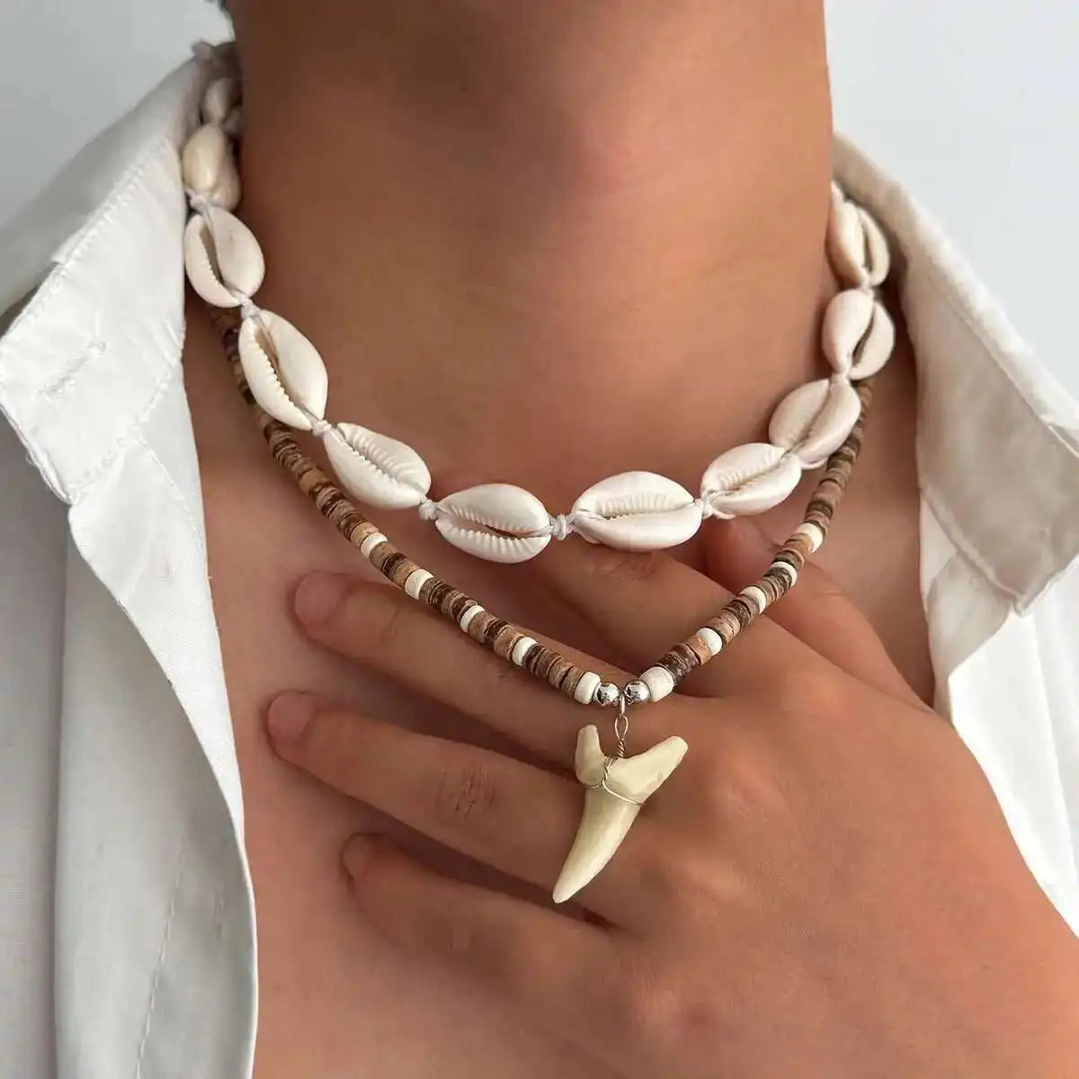 Set of 2 bohemian necklaces with shells and shark tooth pendant