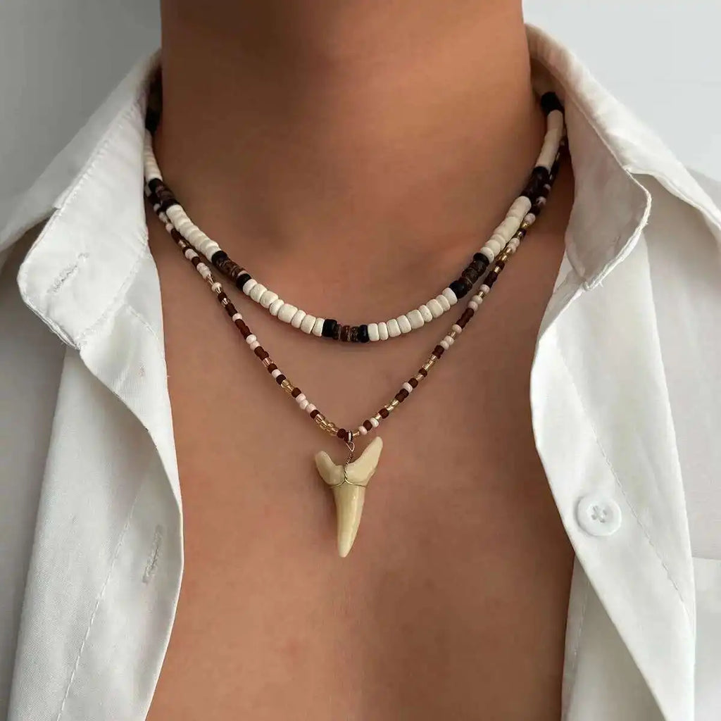 Set of 2 bohemian necklaces with shells and shark tooth pendant