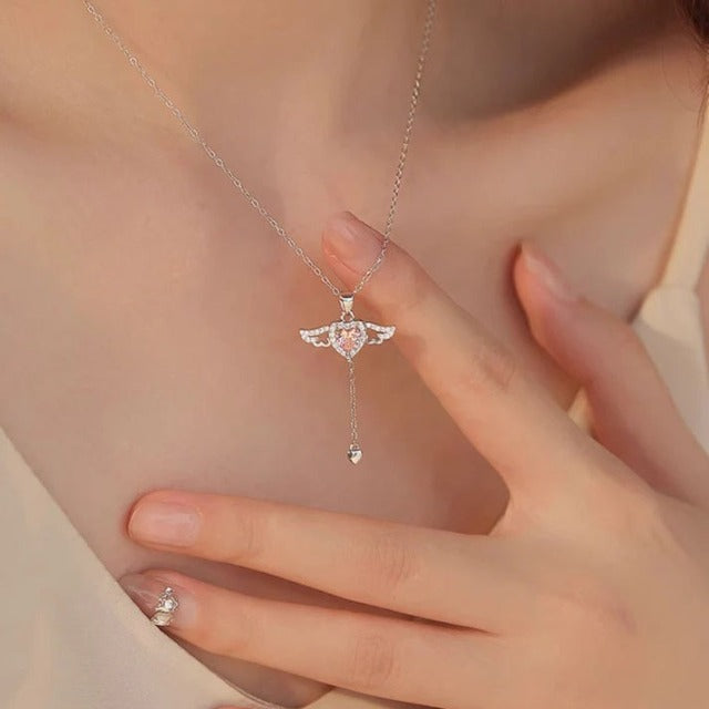Pink Angel Wings Heart Necklace