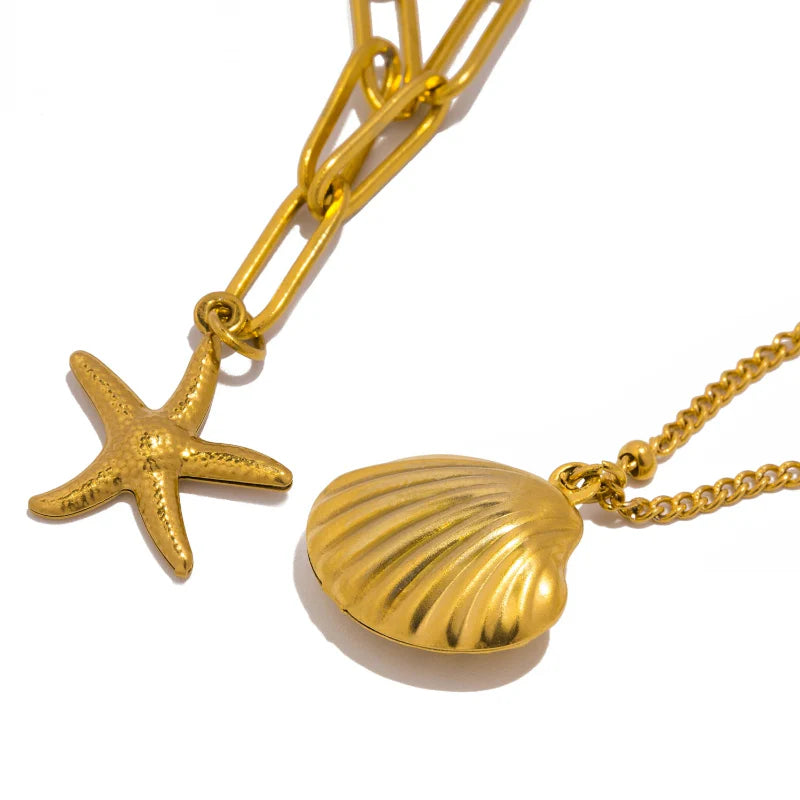 Double Strand Necklace with Shell Pendants, Scallop Shell and Starfish